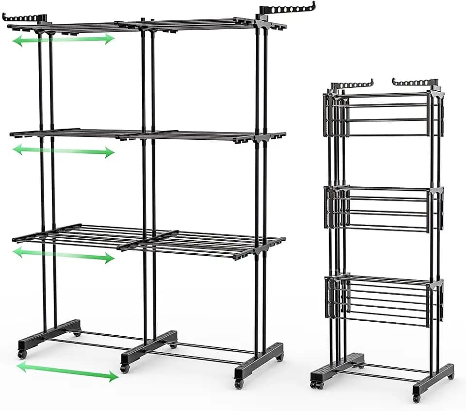 VOUNOT® Wäscheständer Turm Ausziehbar, Platzsparender Turmwäscheständer für Innen & Außen, mit Faltbaren Flügeln, Teleskopstange und 6 Rollen, 40m Trockenlänge, 3 Ebenen, Schwarz