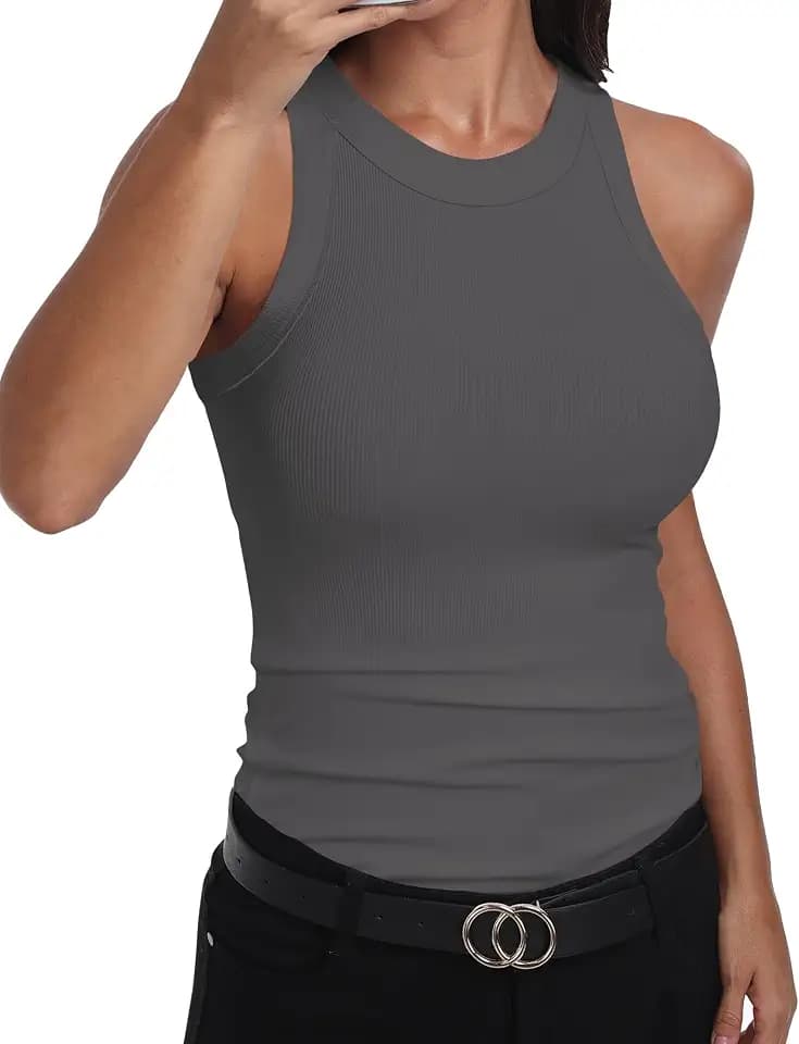 GEMBERA Womens Sleeveless Racerback High Neck Casual Basic Cotton Ribbed Fitted Tank Top