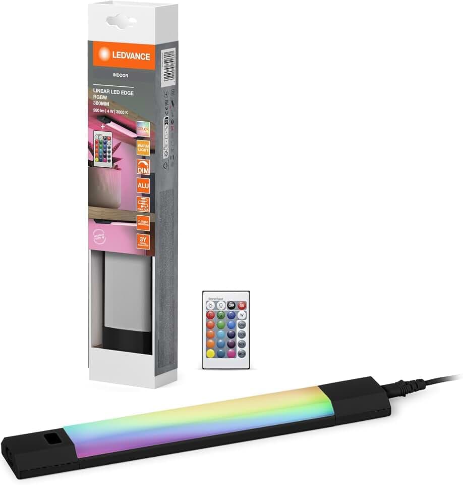 LEDVANCE Linear Edge Sensor Hochvolt-Unterbauleuchte mit RGBW Technologie, 30 cm, RGBW Lichtfarben wählbar, dimmbar, 4 W, 230 lm, 3000 K, warmweiß, schwarzes Aluminium, IP20, mit Fernbedienung