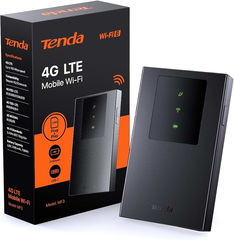 Tenda MF3 Mobile WiFi Router for SIM Cards, AX300 Wi-Fi 6 Portable Hotspot, 2100mAh Battery, USB-C Port, Plug & Play, WPA3, 4G Modem, MiFi, Mini Size, Compatible with Nano SIM Cards
