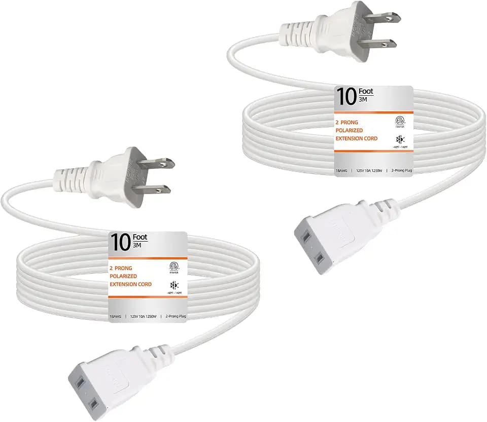 10FT White Lightweight Extension Cord 125V 10A ETL Listed (2 Pack)
