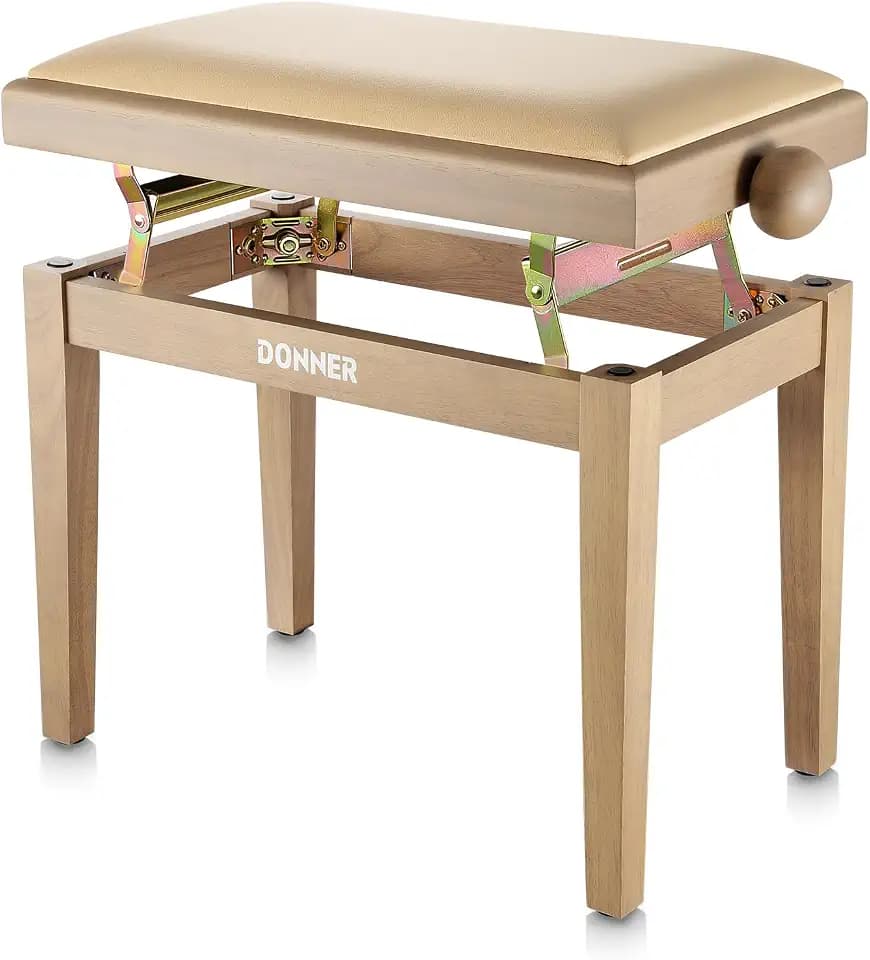 Donner Verstellbare Klavierbank, Klavierstuhlsitz aus Massivholz mit hochdichtem Schwammkissen, Klavierhocker aus Holz mit Metallhebevorrichtungen, Beige