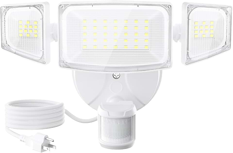 Olafus 50W Motion Sensor Outdoor Light Plug in, Flood Lights Dusk to Dawn, 5000LM LED Security Light IP65 Waterproof, Motion Activated 6500K PIR Sensor Lighting for Garage Yard Patio Eave, White