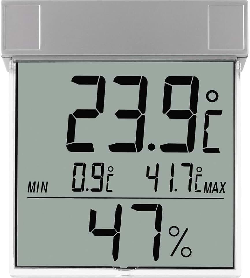 TFA Dostmann Digitales Fenster-Thermo-Hygrometer Vision, 30.5020,mit Außentemperatur und Luftfeuchtigkeit außen, wetterfest, großes Display, silber