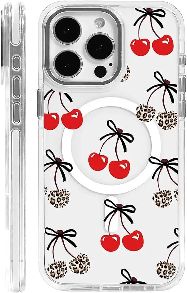 for iPhone 15 Pro Max Case [Compatible with Magsafe],Girls Women Clear Magnetic Case Silicone Shockproof Protective Cover with Pattern Leopard Print Cherry Black Ribbon