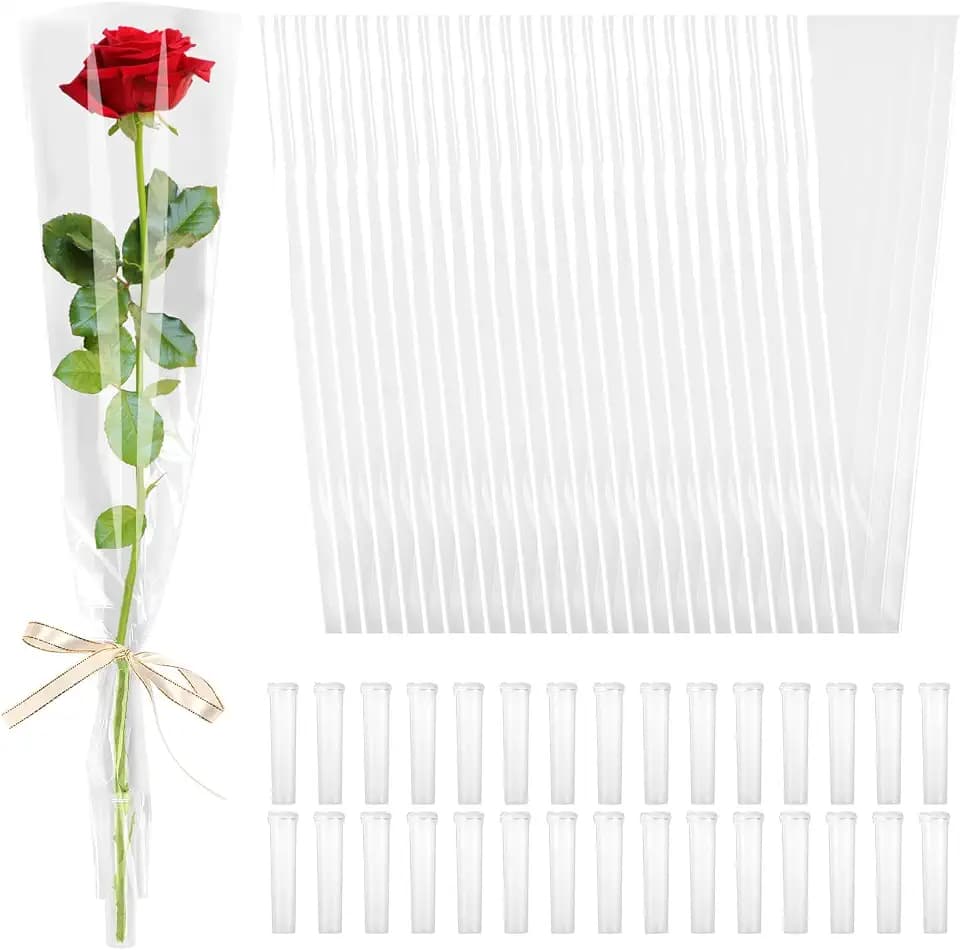 cridoz 100 Pcs Single Rose Sleeve with 100 Pcs Floral Water Tubes for Bouquets, Single Flower Sleeve Flower Wrapping Bags Flower Water Tubes for Mother's Day Graduation Party(Transparent)