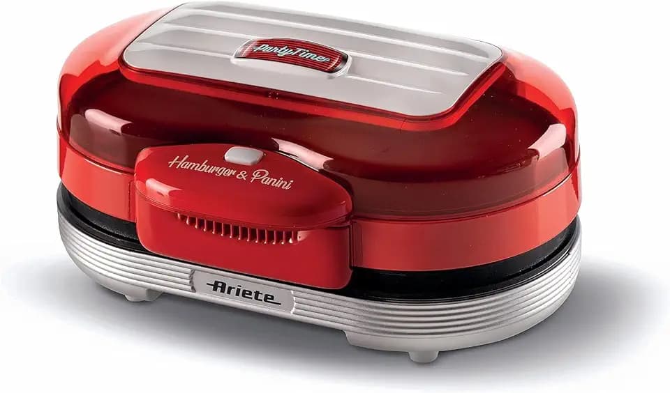 Ariete Hamburger Maker Party Time 205, Elektrischer Sandwichmaker, Elektrischer Grill mit Zwei Antihaftbeschichteten Grillplatten, 2 Heizkammern, Leicht zu Reinigen, 1200 W, Rot