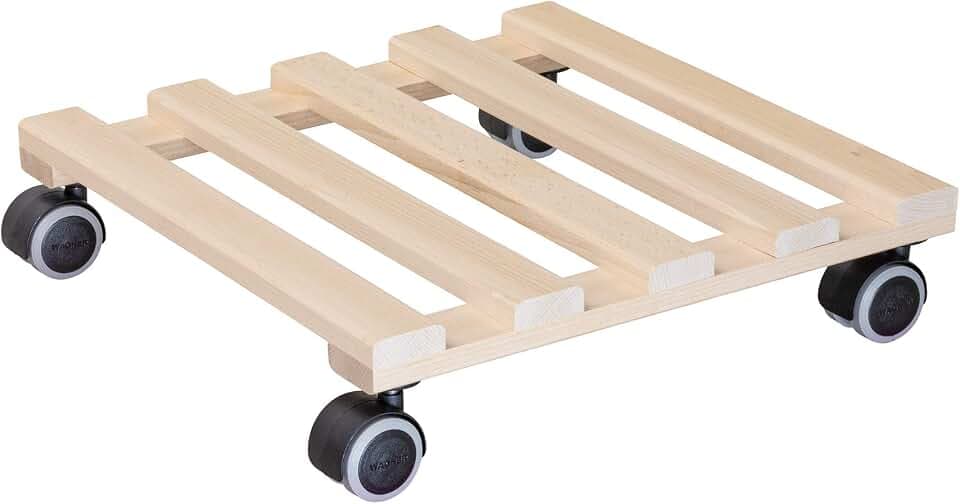 WAGNER Pflanzenroller PALETTI 34 x 34 x 8 cm I Pflanzenroller für Innenbereich I Blumenroller aus FSC®-Massivholz, Buche Natur I Kübelroller aus Holz I Tragkraft 100 kg I Made in EU - 20043801
