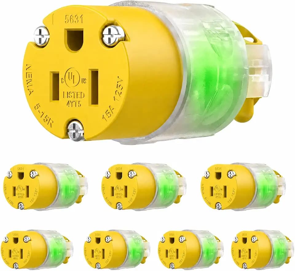 8 Pack 15 A 125V Lighted Extension Cord Replacement Ends,15 amp Plug Straight Blade Electric Plugs Replacement, Female NEMA 5-15R,2 Pole 3 Prong Plug Replacement Grounding,UL Listed