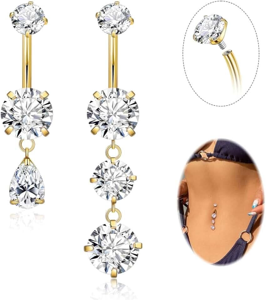 NICEIGHT 2Pcs Surgical Steel Dangle Belly Button Ring for Women Internally Threaded CZ Dangling Navel Ring Hypoallergenic Teardrop Belly Piercing Jewelry 8-16MM