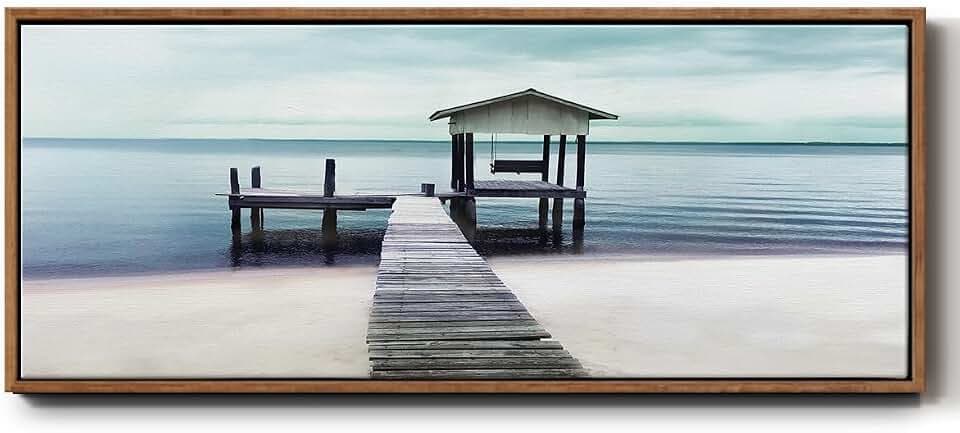 Renditions Gallery Floater Frame Paintings The Dock with a Porch Swing at Beach Nature Wall Hangings for Bedroom Kitchen Office - 20"x50" Walnut Frame LT614