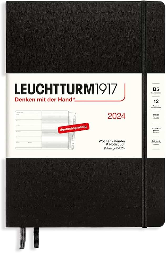 LEUCHTTURM1917 367763 Wochenkalender & Notizbuch Composition (B5) 2024, mit Extraheft für Adressen und Jahrestage, Schwarz, Deutsch, 12 Monate