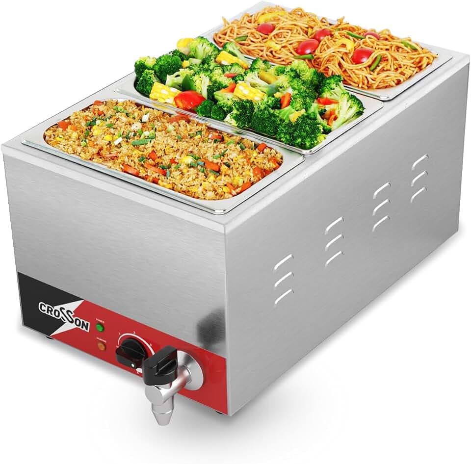 CROSSON Professional Bain Marie Electric,3 X1/3 GN Behälter mit Ablaufhahn,Profi Gastro Speisewärmer,Food Warmer,Buffet Warmer,Wasserbad Temperatur einstellbar von 35-85 °C,230V/1500W