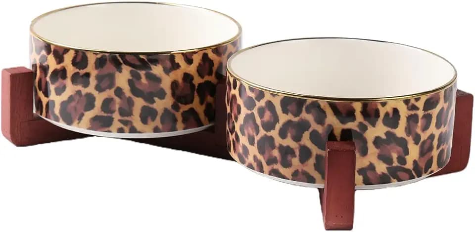 Ceramic Dog Bowl with Wood Stand, 4 Cups Dog Food and Water Bowl Set