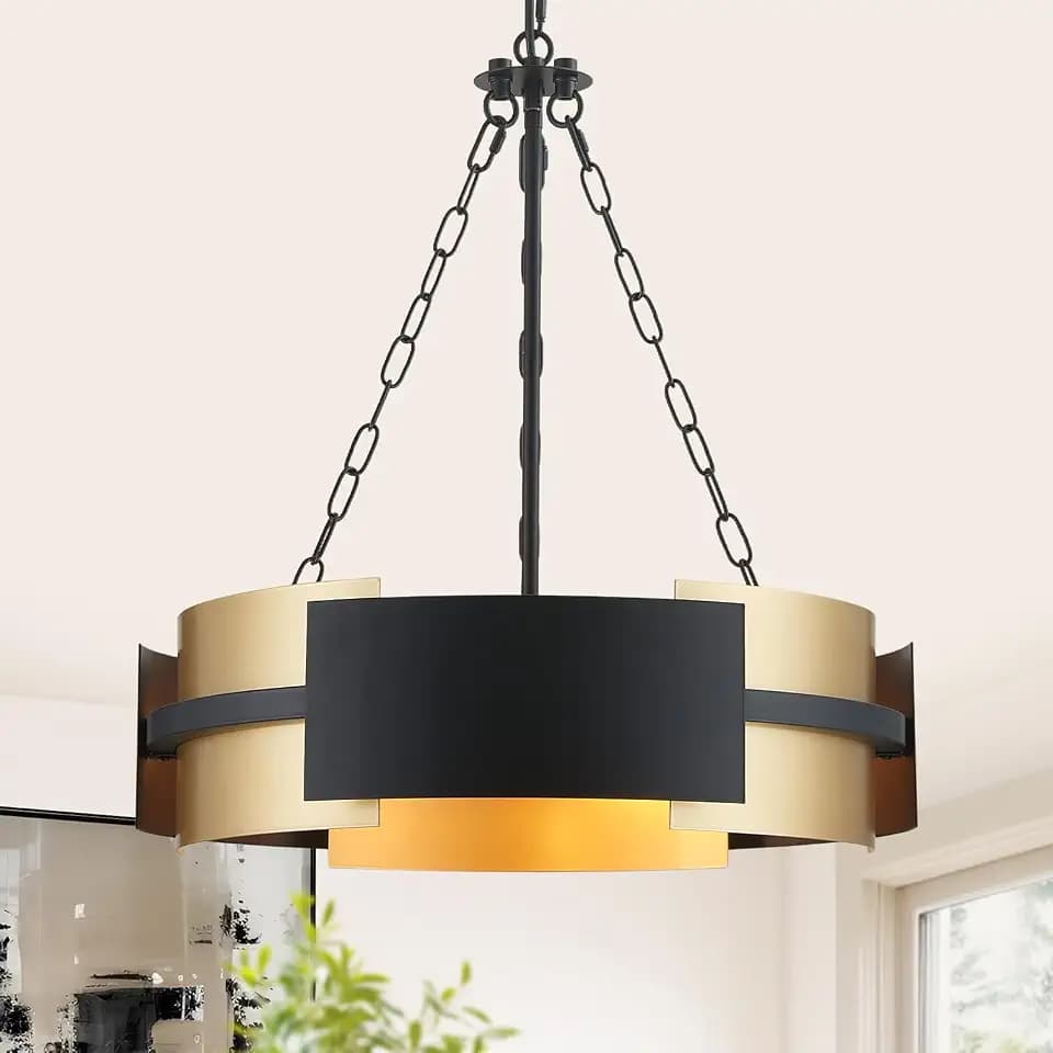 20" Modern Drum Chandelier 4-Light Black and Gold Finish