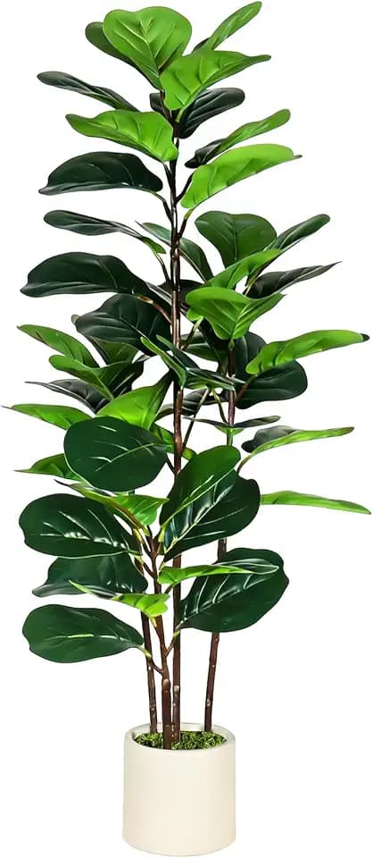 Artificial Fiddle Leaf Fig Tree with White Planter, 4FT Fake Plant with 4 Natural Wood Trunks and Faux Moss, Tall Faux Ficus Floor Plant for Home Office Living Room Decor