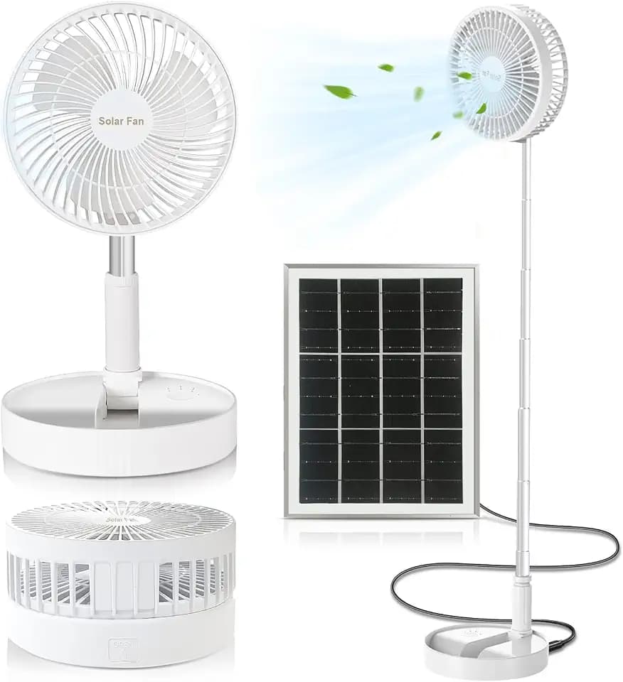 Klappbarer Standventilator, Mini Teleskopventilator USB Wiederaufladbarer Ventilator Solar Tischventilator, 3 Geschwindigkeiten Leise Höhenverstellbar Bodenventilator für Camping Büro Zimme