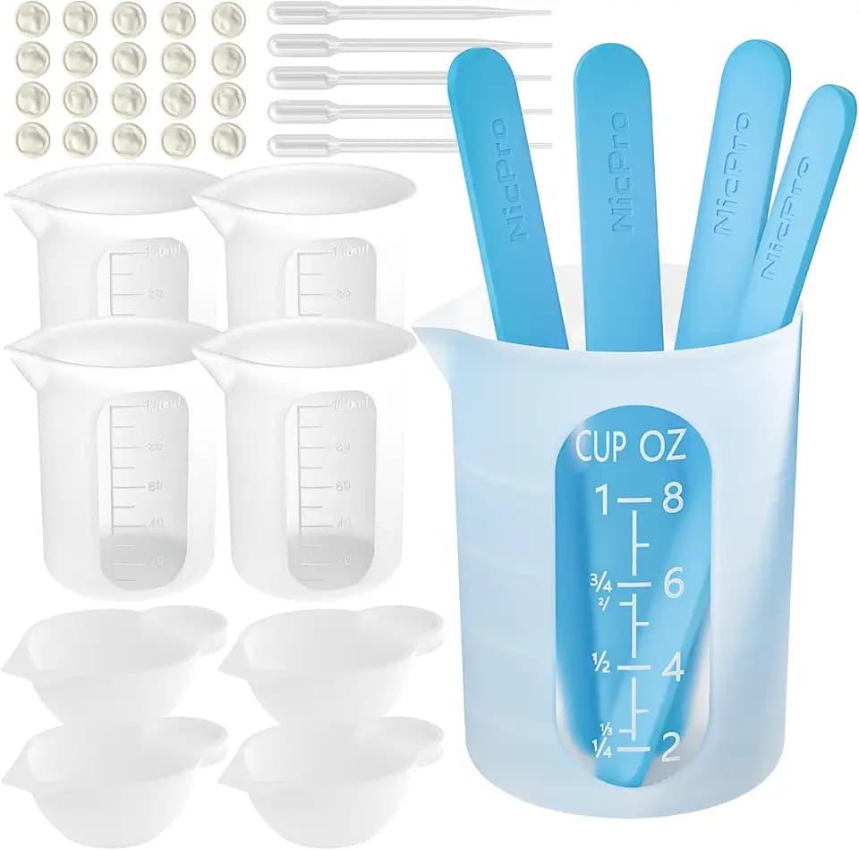 Nicpro Silikon Messbecher Set, 250 ml und 100 ml Mischbecher, Rührstäbe, Meßbecher, Pipetten, Fingerlinge, Epoxidharz Zubehör, für Epoxidharz, Gießformen, Wachsen, leicht zu reinigen