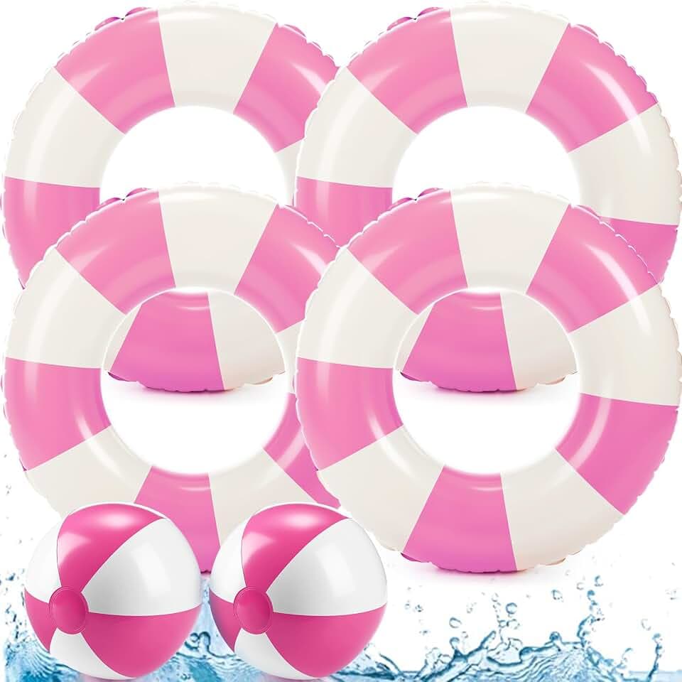 4 Pcs 35 Inch Jumbo Striped Inflatable Pool Floats with 2 pcs Beach Ball for Adults Swimming Pool Tubes for Summer Swimming Beach Party