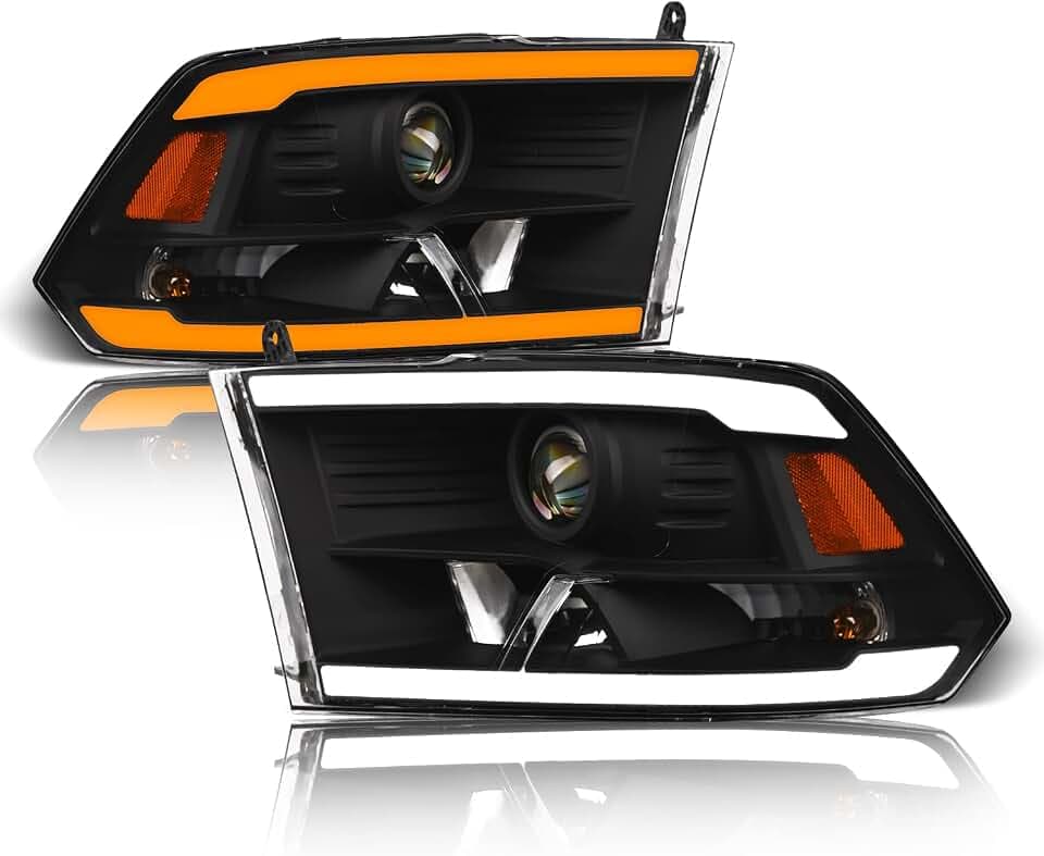 Alpha Owls 8722138 Projector Headlights With Switchback Sequential LED Light Bar & Startup Light - Black Amber Fits 2009-2018 Dodge Ram 1500 2500 3500/2019-2023 Classic Halogen Models