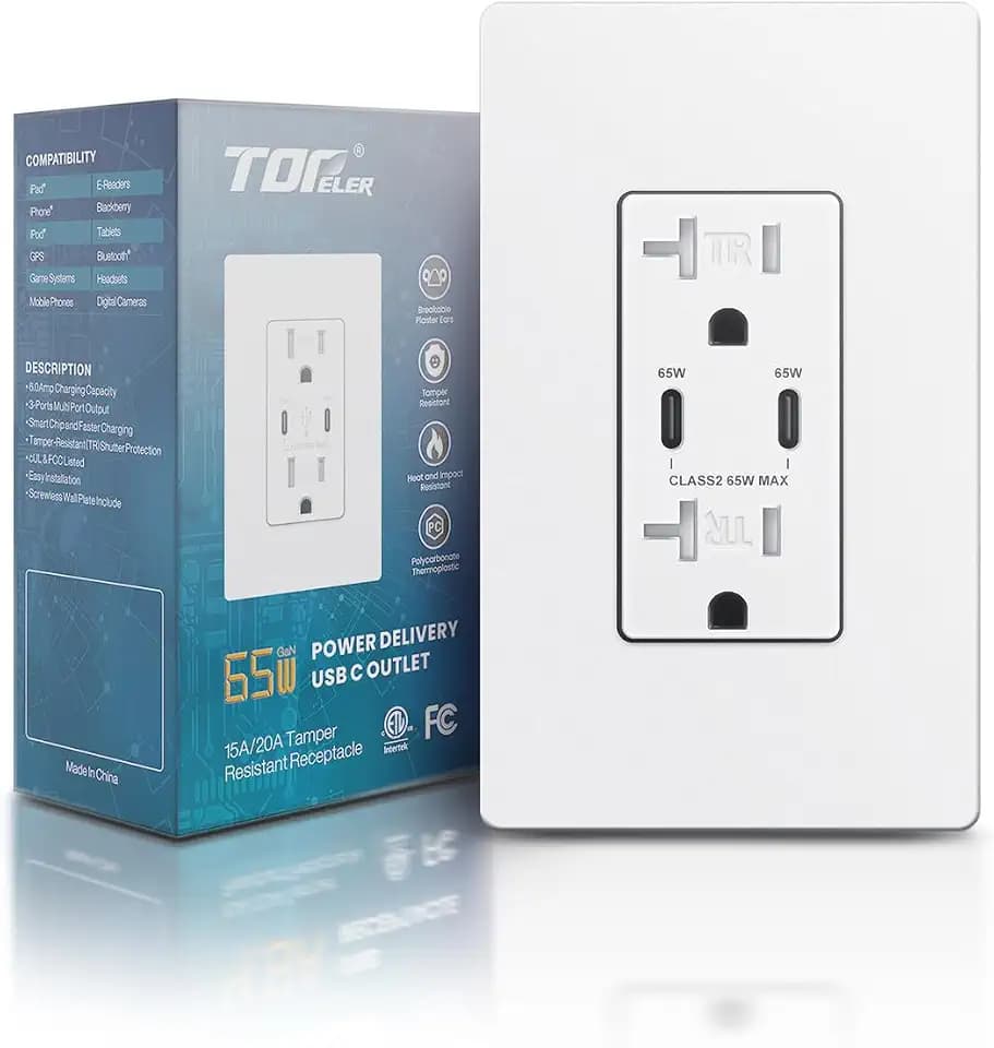TOPELER USB C Receptacle, 65W Ultra-Speed USB Outlet Receptacle for Laptop