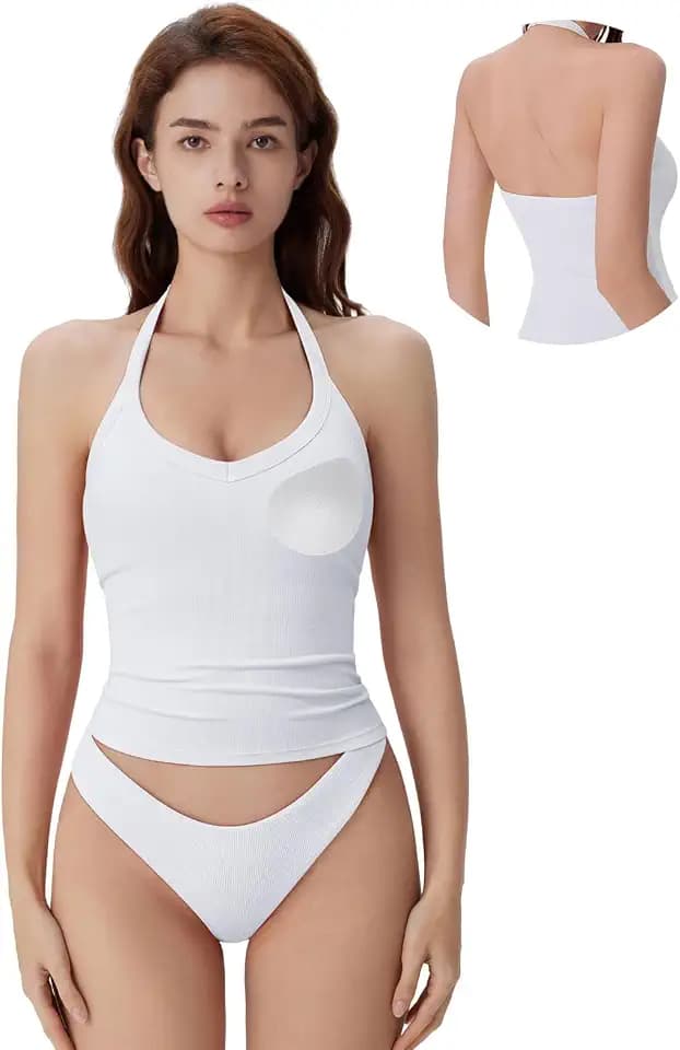 SUUKSESS Women Halter Top with Built in Bra Padded Ribbed V Neck Tank Tops