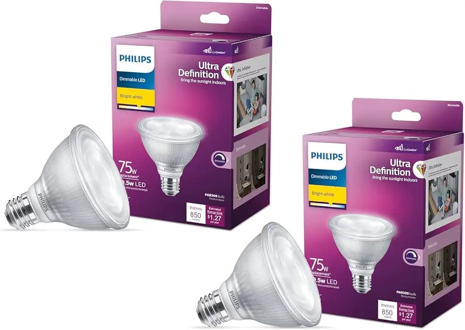 PHILIPS LED 75W PAR30 2-Pack Ultra Definition Bright White (3000K) 850 Lumen (9.5W = 75W) Dimmable Flicker-Free Light Bulbs