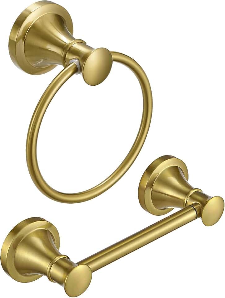 RUMOSE Pivoting Toilet Paper Holder and Hand Towel Ring, Brushed Gold