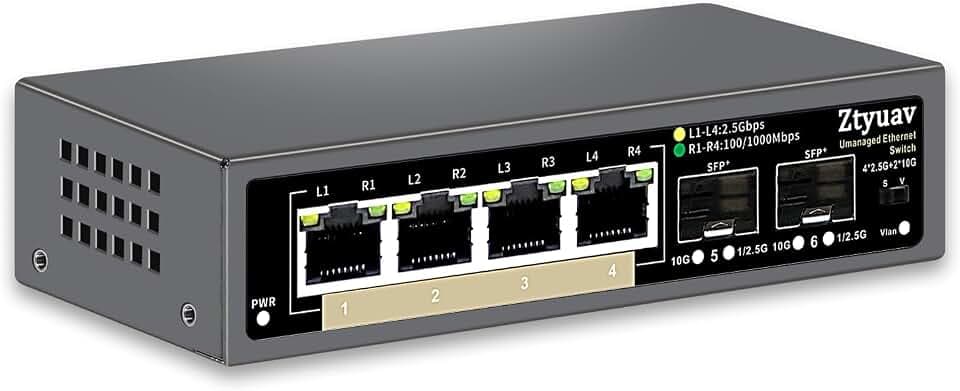 6 Port Unmanaged 2.5G Ethernet Switch with 4 x 2.5G RJ-45 Base-T Ports, 2 x 10G SFP+, Ports Speed Auto-Negotiation-100/1000/2500Mbps, One-Key VLAN, Plug & Play, Fanless & Metal