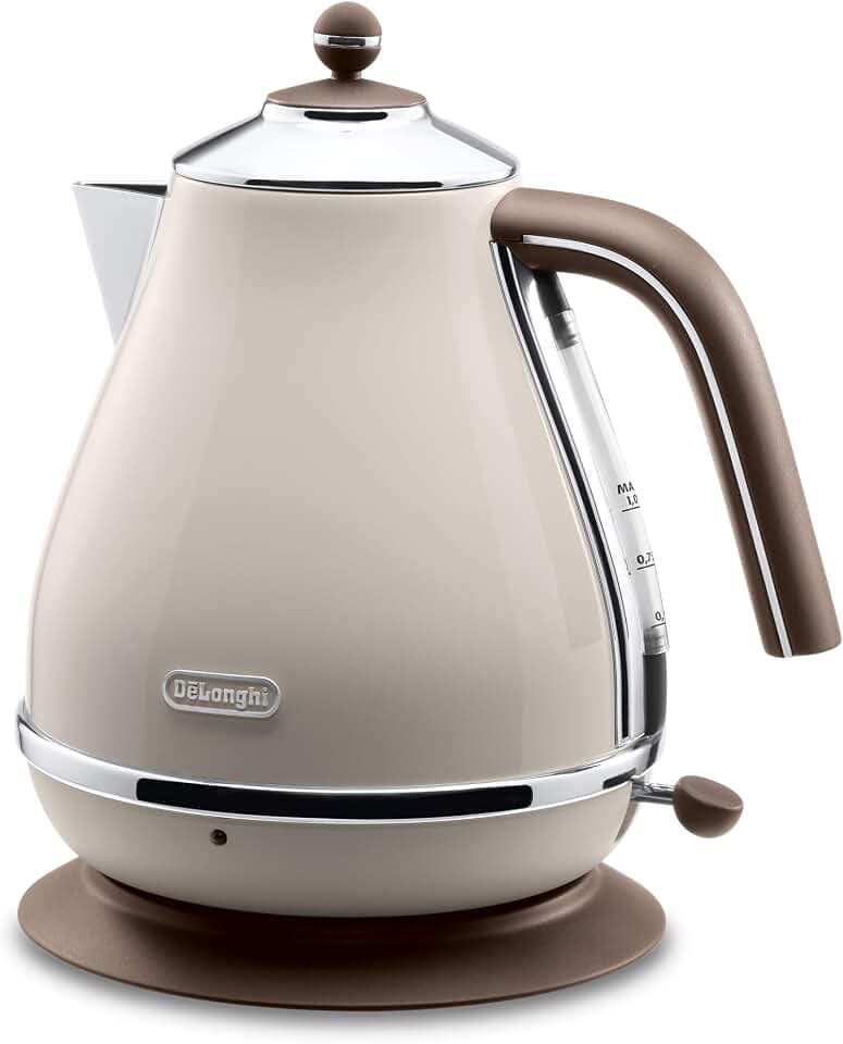 De'Longhi Wasserkocher Icona Vintage KBOV2001.BG - 1,7 l mit Wasserstandsanzeige und 360° Basis, Edelstahl in elegantem Retro Look mit Chrom-Details, beige