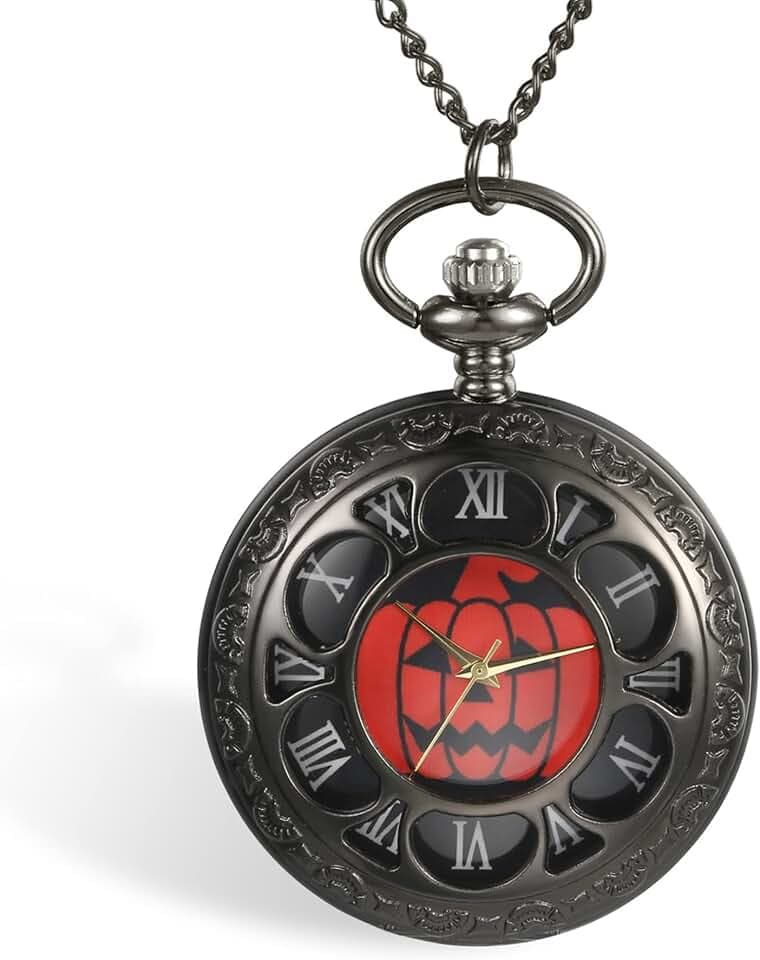 Avaner Halloween Taschenuhr mit Kette Herren Damen Kürbis Skelett Hexen Fledermaus Deko Uhr Analog Quarzwerk Pocket Watch mit römischen Ziffern Pullover Halskette Kette für Männer Frauen ALS Geschenke