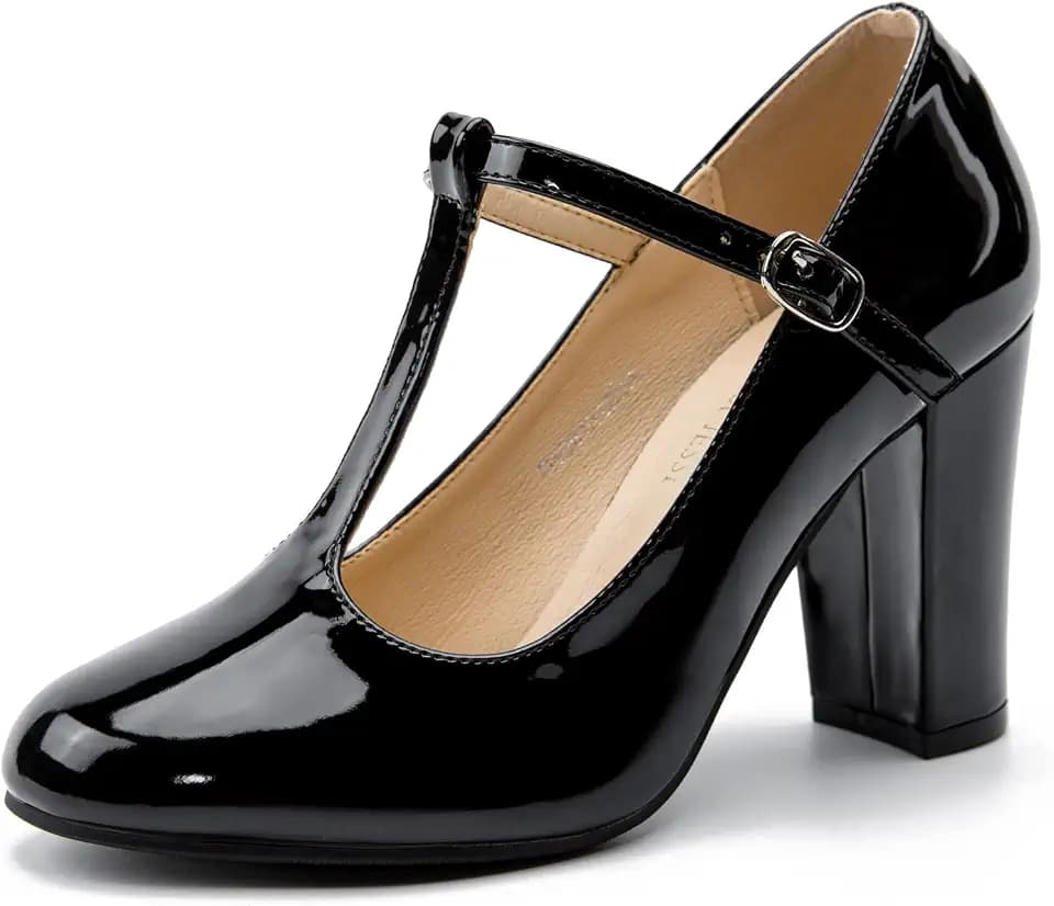 Women's T-Strap Mary Jane Pumps, Chunky Heel, Vintage Style, 3.54 Inch Round Toe Dress Shoes