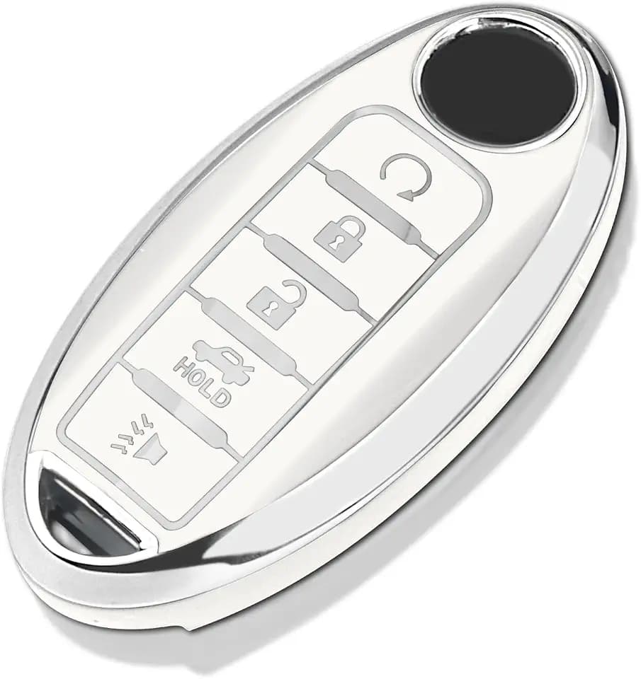 QBUC for Nissan Key Fob Cover Soft TPU 5-Buttons(White with Chrome Trim)
