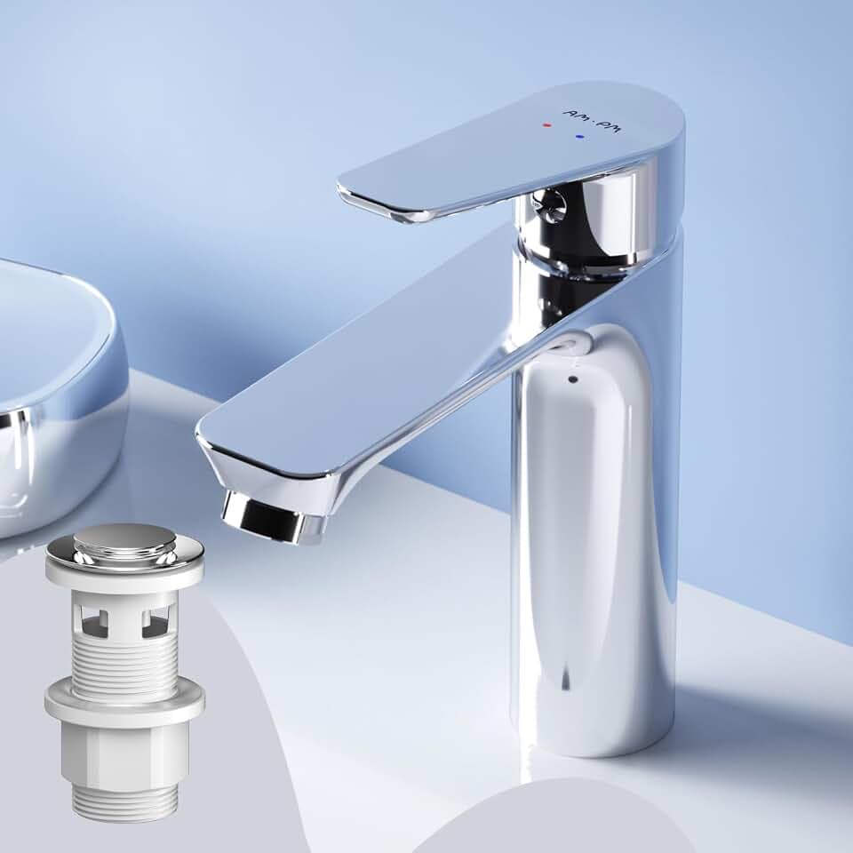 AM.PM Hit - Wasserhahn Bad mit Ablaufgarnitur, Bad Armatur Waschbecken, Waschtischarmatur mit Push-Open Ablauf, Waschbeckenarmatur mit Auslauf Höhe 101 mm, Mischbatterie Waschbecken, Chrom