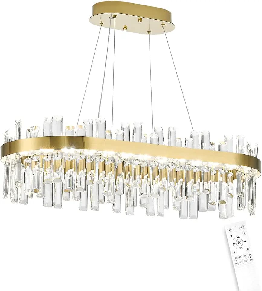 Modern Glod Crystal Chandeliers for Dining Room, LED 3 Color Temperature/Dimmable Island Lights with Remote Control, Height Adjustable Hanging Pendant Light Fixtures for Kitchen, Living Room