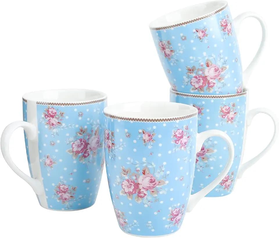 fanquare Kaffee-/Teetassen aus Keramik mit rosa Blumenmuster, süßes Trinkgeschirr für Zuhause, Büro, mikrowellen- und spülmaschinenfest, 284 ml, 4 Stück, Blau