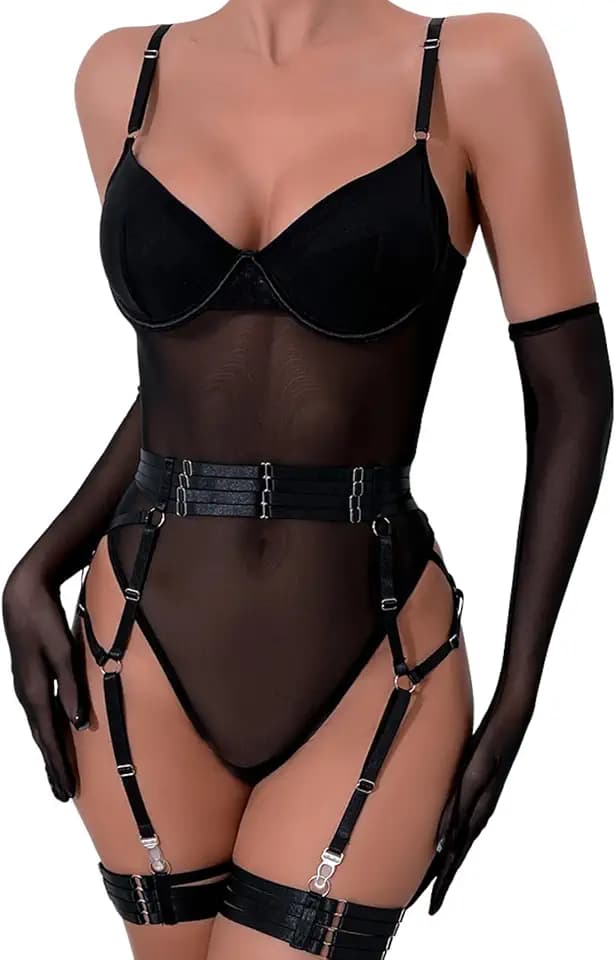 EVELIFE Damen Sexy Body Reizwäsche 3-teiliges Set – Verführerisches Spitzen-Mesh Bodysuit mit Strumpfhalter & Handschuhen, Elegantes Dessous Outfit für Frauen