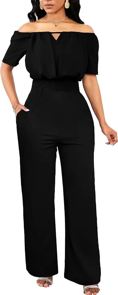 SxClub Off the Shoulder Jumpsuits for Women Dressy Long Pants with Pockets