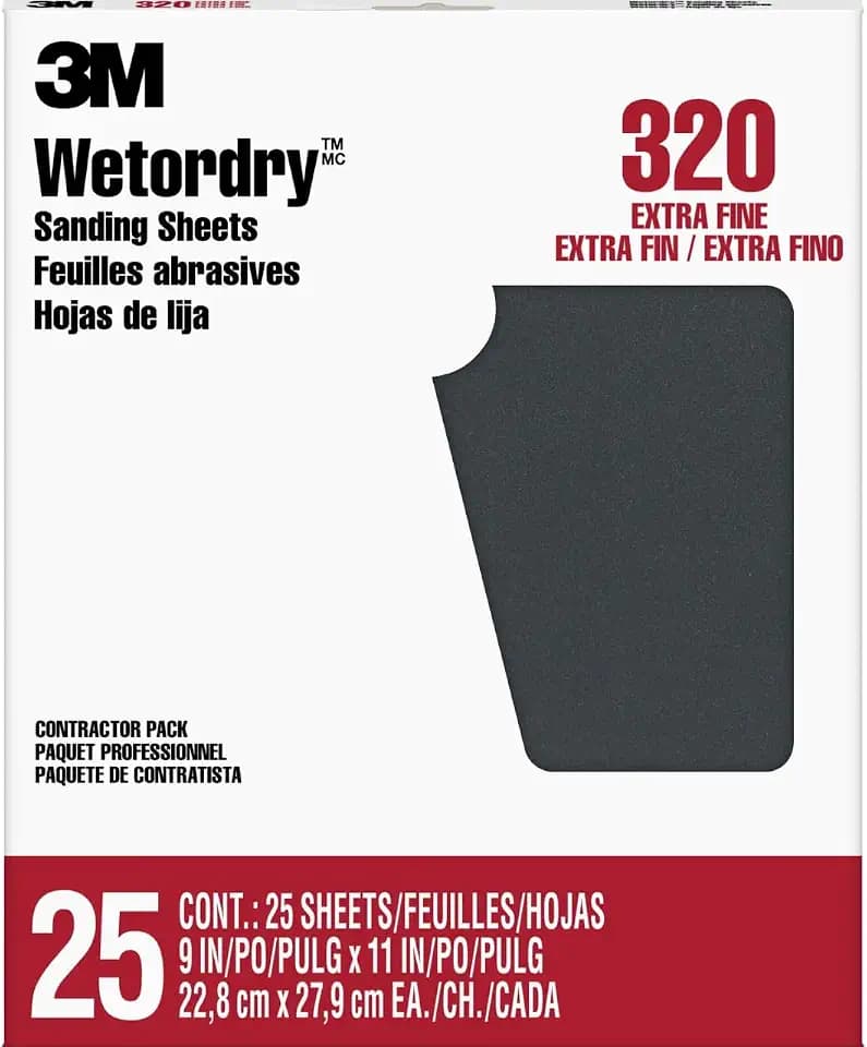 3M Wetodry Sandpaper, 25 Sheets, 320 Grit Sanding Paper, 9-in x 11-in, for Final or Between Coats Sanding, Sandpaper for a Premiere Finish on Lacquers, Primers, Sealers, Plastics and Paints (99421NA)