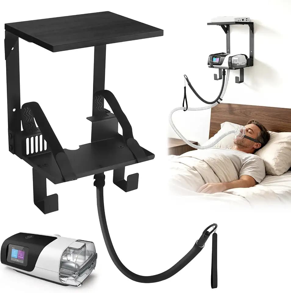 CPAP Wall Mount Shelf with Storage for ResMed AirSense 11, 2-Tier CPAP Stand with Adjustable Hose Hanger & Mask Hook, Space-Saving Bedside Shelf, End Nightstand Clutter & Avoid Hose Tangles, Black