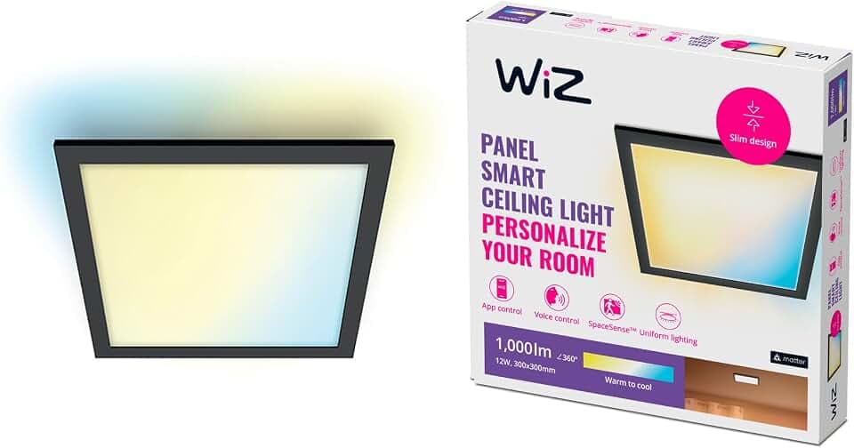 WiZ Panel Deckenleuchte Tunable White, dimmbar, 1000lm, 300 x 300 mm, warm- bis kaltweiß, quadratisch, smarte Steuerung per App/Stimme über WLAN, schwarz