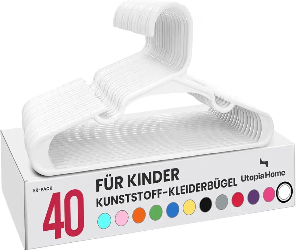 Utopia Home 40er Pack Kinderkleiderbügel 29.2 cm, Kunststoff, Weiß | Kinderkleiderbügel Kunststoff, Platzsparend, Langlebig, Für den täglichen Gebrauch, 40er Pack Weiß