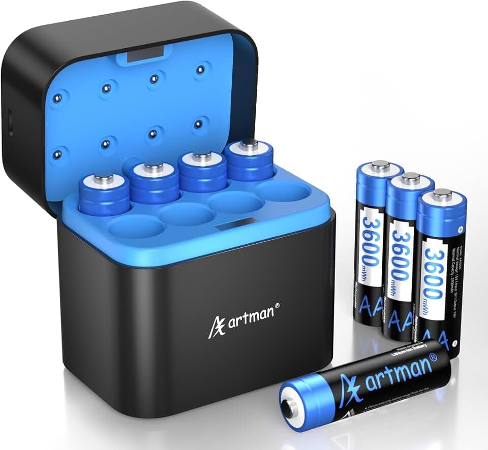 Artman 8-Pack Rechargeable Lithium AA Batteries with 8-Slot Fast Charger