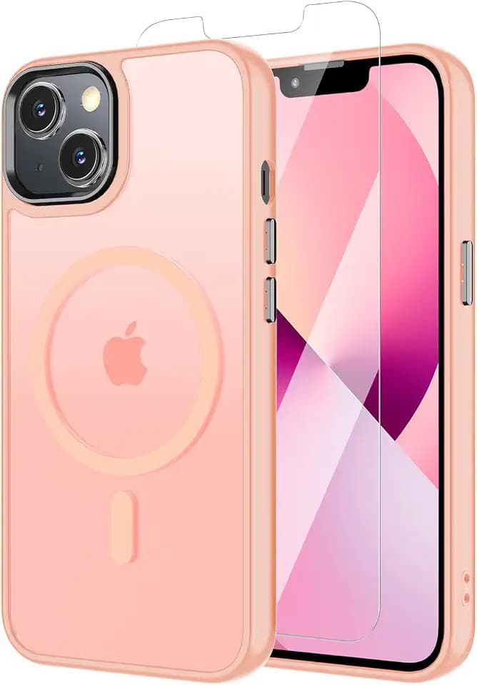 Magnetic Case for iPhone 13, iPhone 14 with Screen Protector, [Compatible with Magsafe] Ultra Slim Translucent Matte Shockproof Protection Phone Cover-Pink