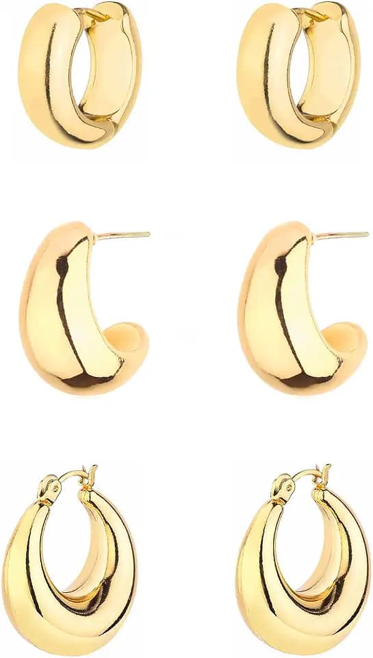 HILXURY Gold Chunky Hoop Earrings Set for Women, 14K Gold Plated Twisted Huggie Hoop Earring Hypoallergenic, Thick Open Hoops Set Lightweight