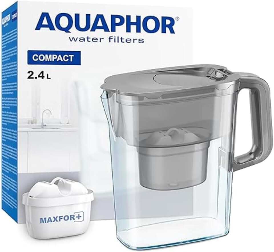 AQUAPHOR Wasserfilter Kanne Compact 2,4 L – platzsparend & kompakt, Grau