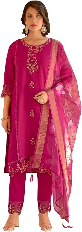 VredeVogel Damen Viskose Römische Seide bestickt Kurta mit Hose & Organga Dupatta Set