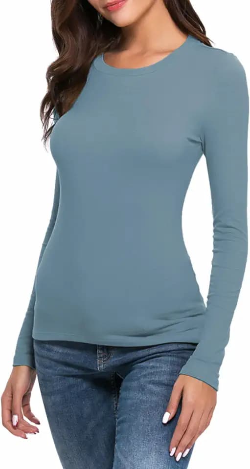 Women Long Sleeve Crew Neck Rayon Slim Fit Stretchy Layer T Shirts Tops