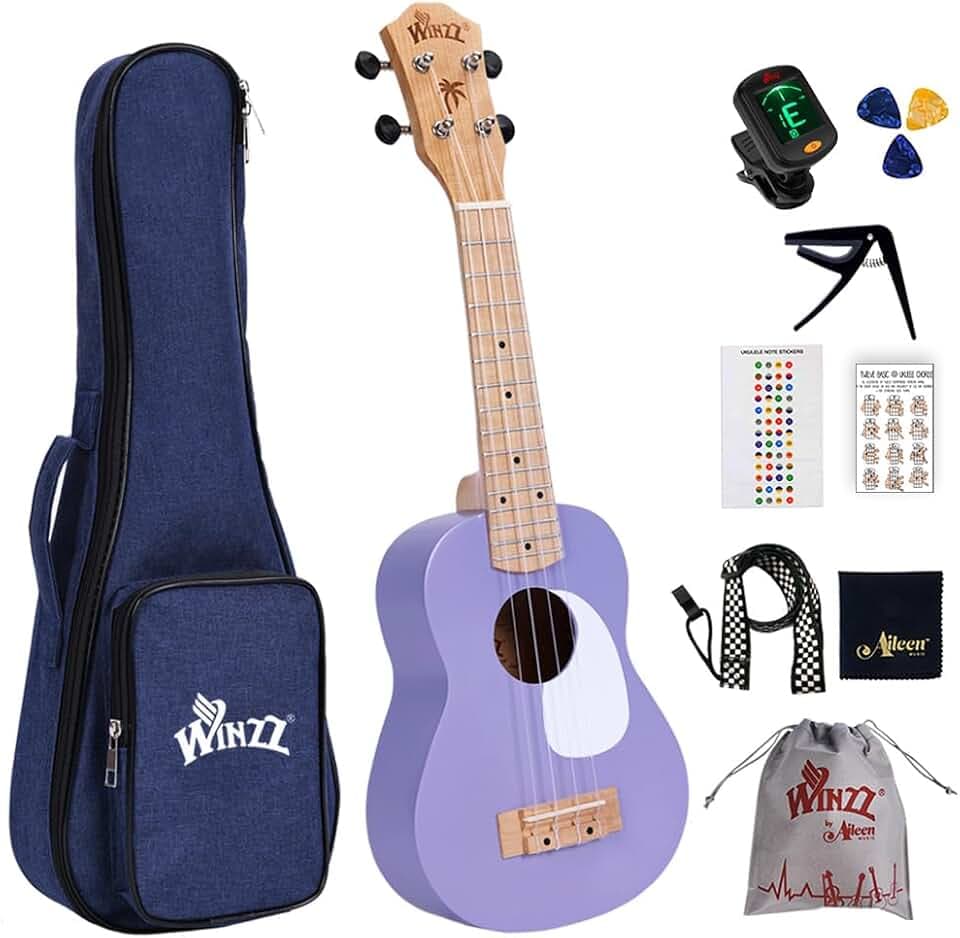 Winzz Ukulele Kinder Sopran, Ukulele Erwachsene Anfänger Set, 21 Zoll, mit 9 Zubehör, Kleine Einsteiger Kindergitarre 4 Saiten (Farbe: Violett, Holz)