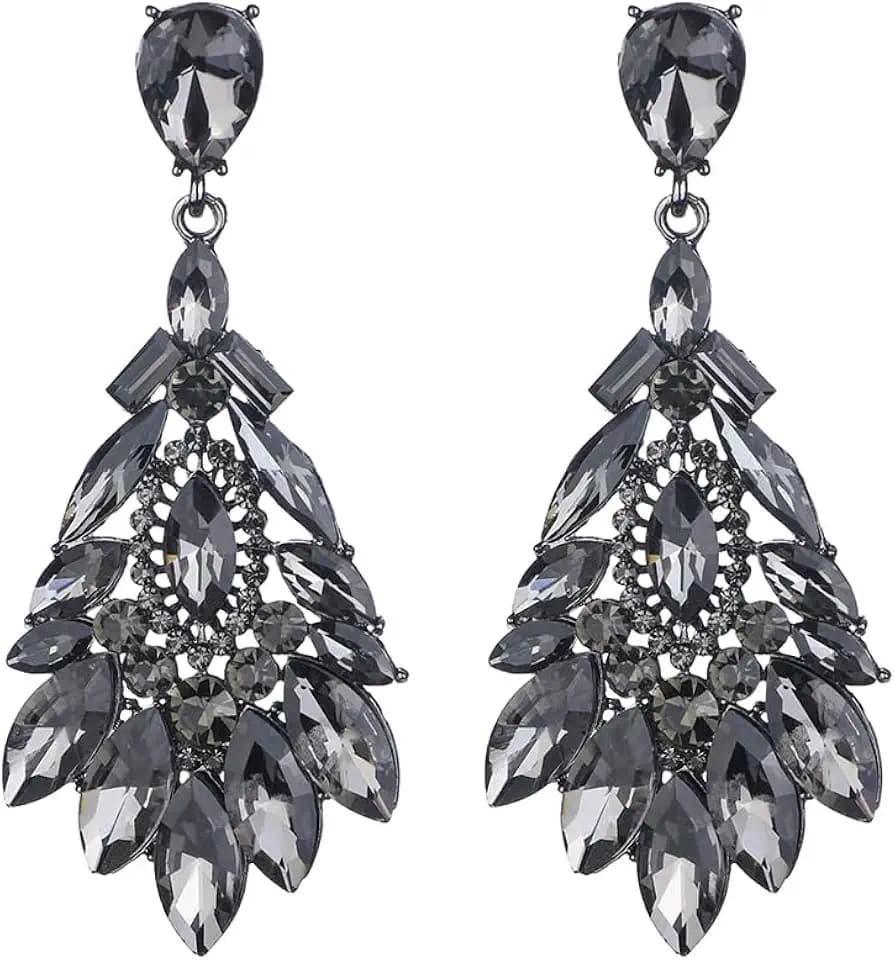 Denifery Women's Fashion Crystal Teardrop Statement Earrings Bohemian Rhinestone Earrings Drop Chandelier Earrings for Wedding Prom Bride Bridesmaids (Black)